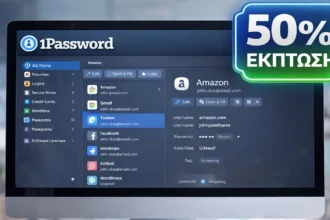 Οθόνη υπολογιστή με ανοιχτή την εφαρμογή 1Password και ένδειξη 50% έκπτωση