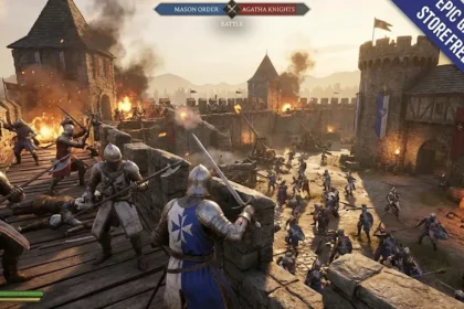 Στιγμιότυπο από μάχη στο Chivalry II με ιππότες να μάχονται σε κάστρο κατά τη διάρκεια της δωρεάν προσφοράς της Epic Games.