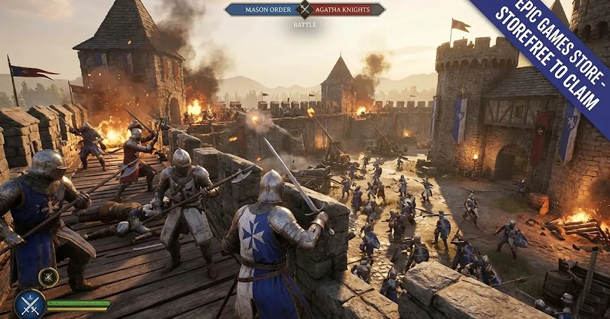 Στιγμιότυπο από μάχη στο Chivalry II με ιππότες να μάχονται σε κάστρο κατά τη διάρκεια της δωρεάν προσφοράς της Epic Games.