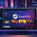 Lenovo Legion Go 2 με SteamOS στην οθόνη και φωτισμό gaming setup