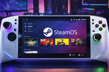 Lenovo Legion Go 2 με SteamOS στην οθόνη και φωτισμό gaming setup