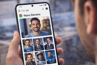 Χρήστης κοιτάζει το κινητό επεξεργάζοντας την εικόνα του στο Google Nano Banana