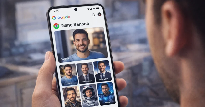 Χρήστης κοιτάζει το κινητό επεξεργάζοντας την εικόνα του στο Google Nano Banana