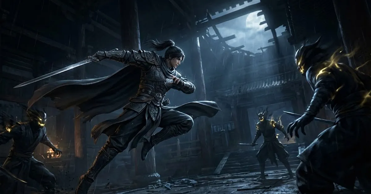 Ο πρωταγωνιστής Soul του Phantom Blade Zero μάχεται σε ένα σκοτεινό περιβάλλον με martial arts κινήσεις.