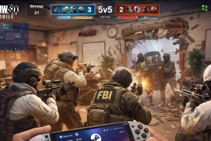 Operator του Rainbow Six Mobile με όπλο μπροστά από φόντο πόλης και ημερομηνία κυκλοφορίας