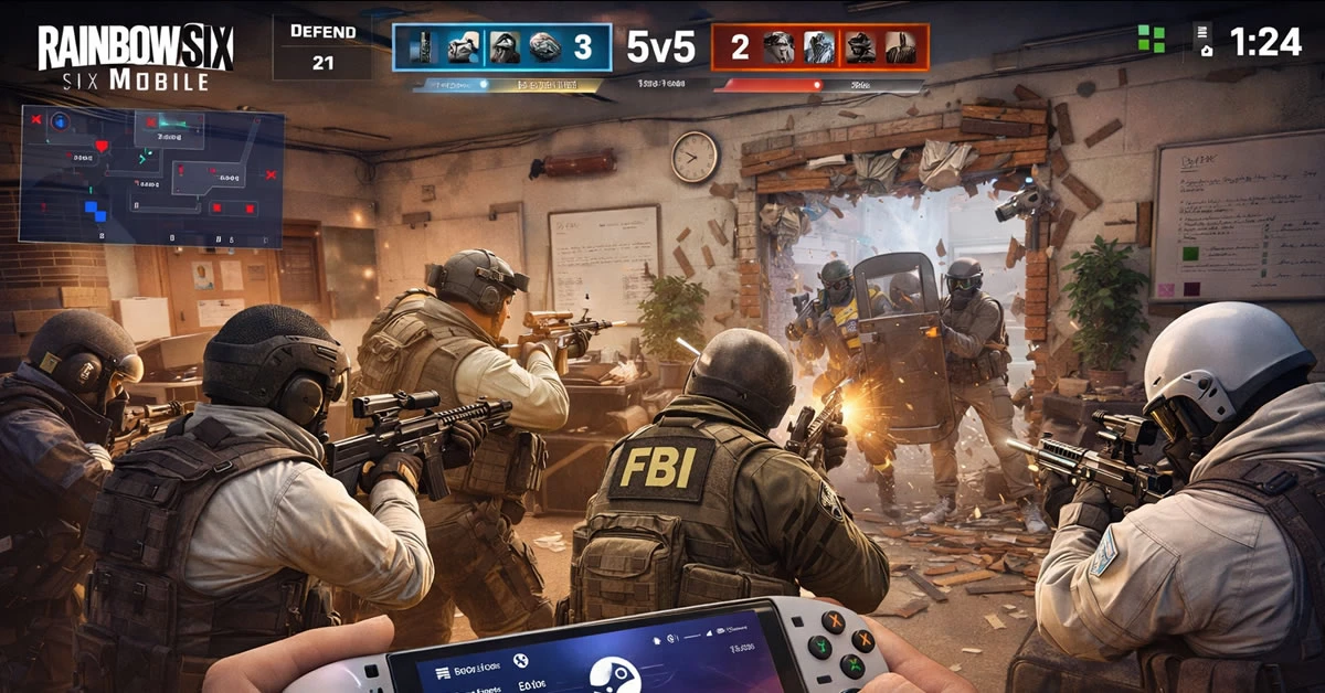 Operator του Rainbow Six Mobile με όπλο μπροστά από φόντο πόλης και ημερομηνία κυκλοφορίας