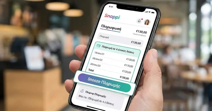 Οθόνη κινητού τηλεφώνου που δείχνει την επιλογή πληρωμής σε 4 δόσεις και το κουμπί snooze στην εφαρμογή Snappi.