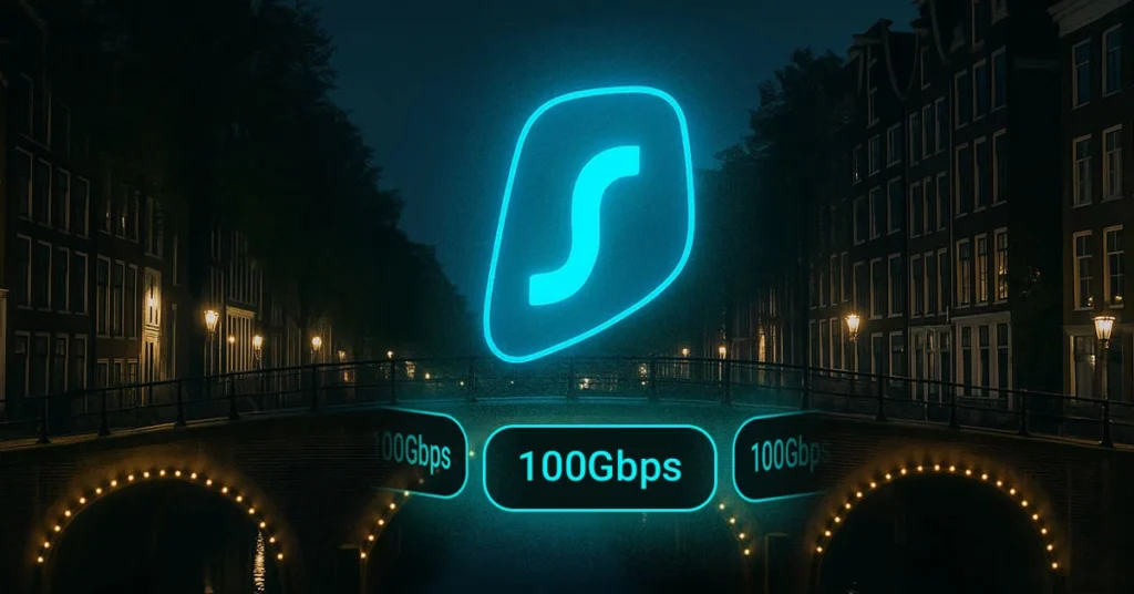 Data center με φωτεινά μπλε φώτα που απεικονίζει την ταχύτητα των 100Gbps servers