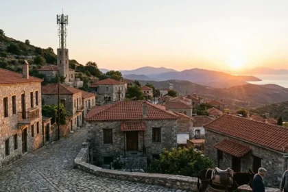 Μια κεραία 5G να δεσπόζει διακριτικά πάνω από ένα παραδοσιακό ελληνικό ορεινό χωριό με πέτρινα σπίτια