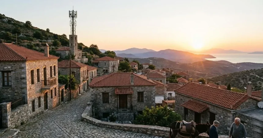 Μια κεραία 5G να δεσπόζει διακριτικά πάνω από ένα παραδοσιακό ελληνικό ορεινό χωριό με πέτρινα σπίτια