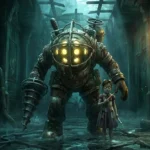 Ένας Big Daddy προστατεύει μια Little Sister στους σκοτεινούς, πλημμυρισμένους διαδρόμους της υποθαλάσσιας πόλης Rapture.