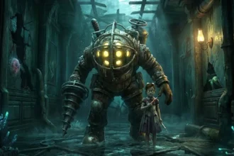 Ένας Big Daddy προστατεύει μια Little Sister στους σκοτεινούς, πλημμυρισμένους διαδρόμους της υποθαλάσσιας πόλης Rapture.