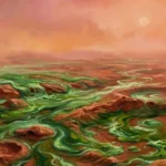 Καλλιτεχνική απεικόνιση πράσινων κυανοβακτηρίων που εξαπλώνονται στην κόκκινη επιφάνεια του Άρη κάτω από έναν θολό ουρανό.