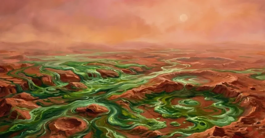 Καλλιτεχνική απεικόνιση πράσινων κυανοβακτηρίων που εξαπλώνονται στην κόκκινη επιφάνεια του Άρη κάτω από έναν θολό ουρανό.