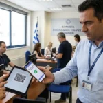 Δημόσιος υπάλληλος σκανάρει QR code σε κινητό για την Ψηφιακή Κάρτα Εργασίας με φόντο ελληνική υπηρεσία