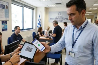 Δημόσιος υπάλληλος σκανάρει QR code σε κινητό για την Ψηφιακή Κάρτα Εργασίας με φόντο ελληνική υπηρεσία