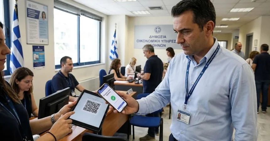 Δημόσιος υπάλληλος σκανάρει QR code σε κινητό για την Ψηφιακή Κάρτα Εργασίας με φόντο ελληνική υπηρεσία