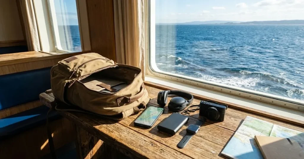 Ένα ανοιχτό σακίδιο πάνω σε ένα τραπέζι πλοίου, με τα 5 gadgets τοποθετημένα δίπλα-δίπλα και το μπλε της θάλασσας από το παράθυρο