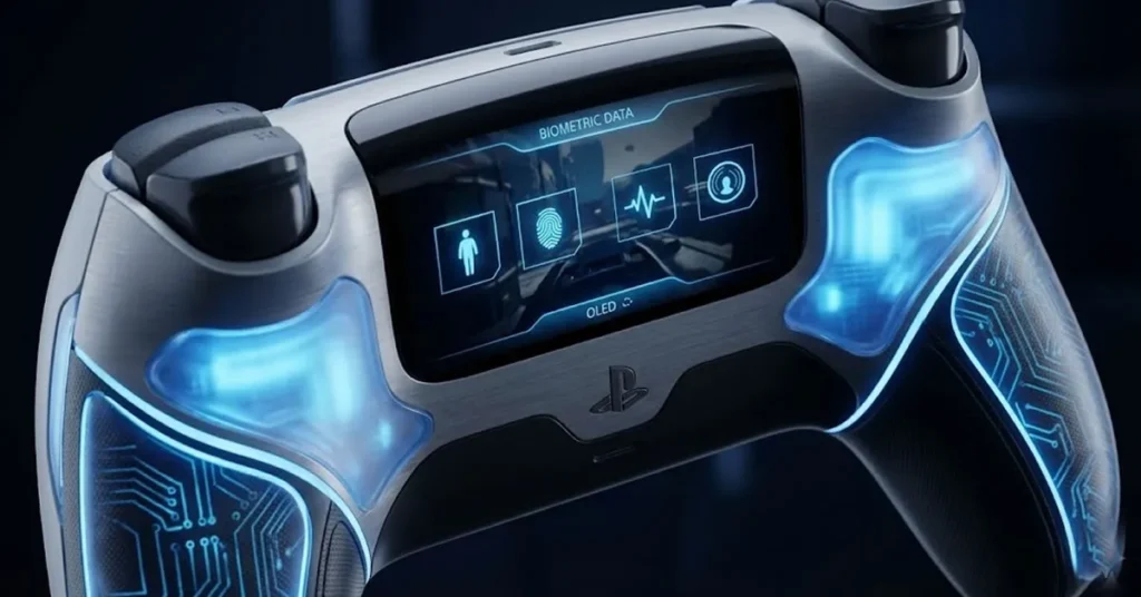 Εικόνα  που εστιάζει στο κέντρο του χειριστηρίου όπου βρίσκεται η οθόνη αφής, με διακριτικό φωτισμό στις λαβές που υποδηλώνει τη λειτουργία των βιομετρικών αισθητήρων