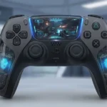 Concept art ενός χειριστηρίου DualSense με ενσωματωμένη φωτεινή οθόνη στο κέντρο και αισθητήρες στις λαβές.