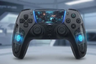 Concept art ενός χειριστηρίου DualSense με ενσωματωμένη φωτεινή οθόνη στο κέντρο και αισθητήρες στις λαβές.