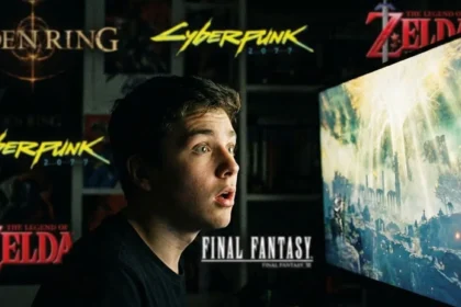 Gamer σε σκοτεινό δωμάτιο κοιτάζει με δέος την οθόνη που φωτίζει το πρόσωπό του, με φλουταρισμένα λογότυπα γνωστών παιχνιδιών στο φόντο