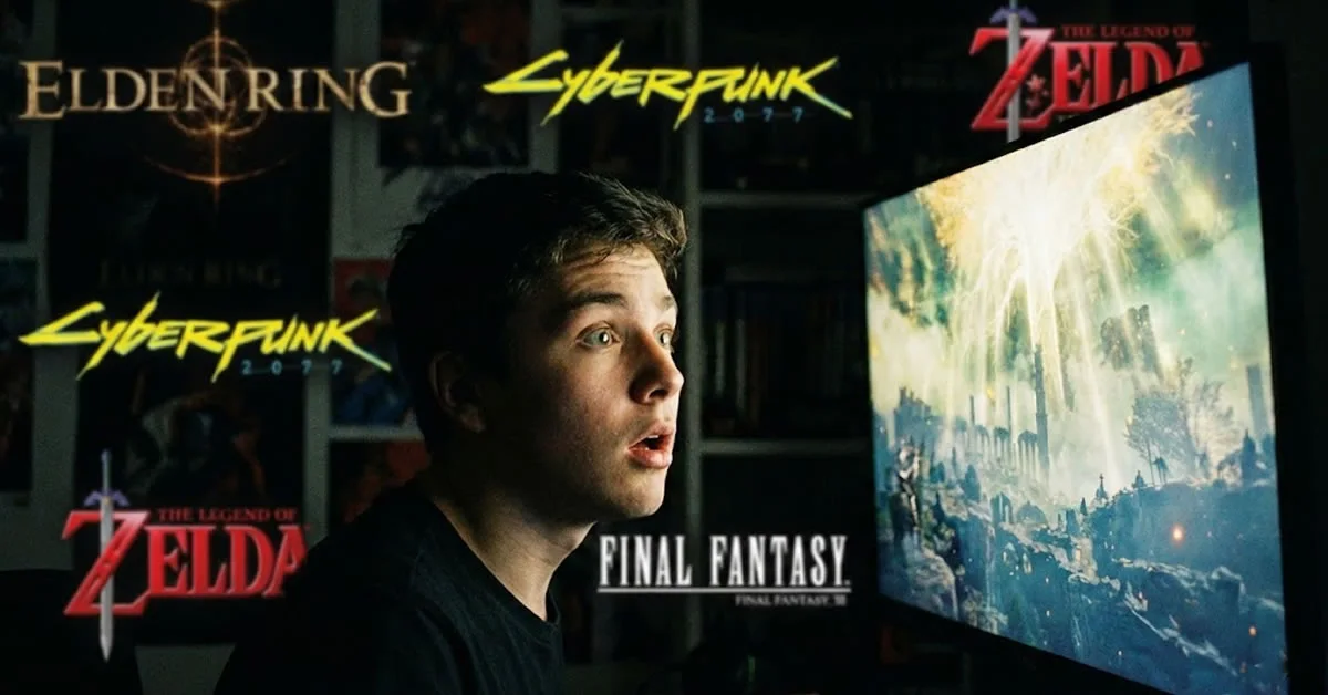 Gamer σε σκοτεινό δωμάτιο κοιτάζει με δέος την οθόνη που φωτίζει το πρόσωπό του, με φλουταρισμένα λογότυπα γνωστών παιχνιδιών στο φόντο