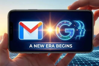 Το εικονίδιο του Gemini να εμφανίζεται δίπλα στο λογότυπο του Gmail σε οθόνη smartphone συμβολίζοντας τη νέα εποχή.