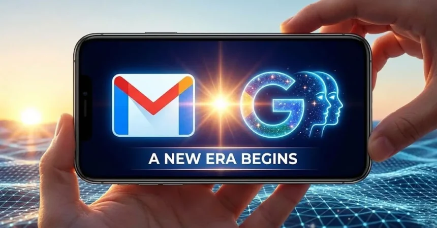 Το εικονίδιο του Gemini να εμφανίζεται δίπλα στο λογότυπο του Gmail σε οθόνη smartphone συμβολίζοντας τη νέα εποχή.