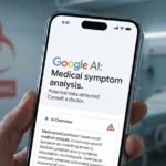 Smartphone που δείχνει αποτελέσματα αναζήτησης Google AI με ιατρικό σύμβολο κινδύνου στο φόντο