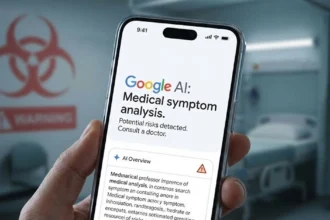 Smartphone που δείχνει αποτελέσματα αναζήτησης Google AI με ιατρικό σύμβολο κινδύνου στο φόντο