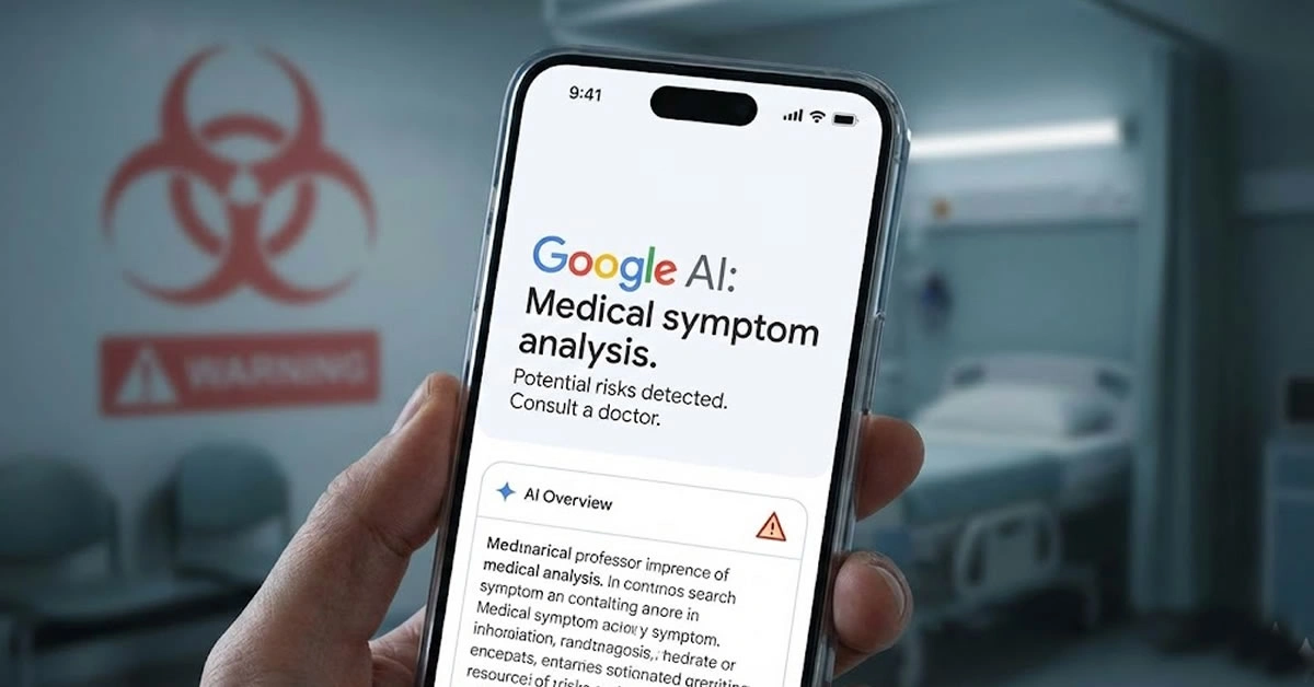 Smartphone που δείχνει αποτελέσματα αναζήτησης Google AI με ιατρικό σύμβολο κινδύνου στο φόντο