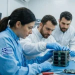 Έλληνες μηχανικοί σε εργαστήριο συναρμολογούν μικροδορυφόρο με την ελληνική σημαία στο μανίκι