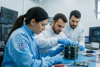 Έλληνες μηχανικοί σε εργαστήριο συναρμολογούν μικροδορυφόρο με την ελληνική σημαία στο μανίκι