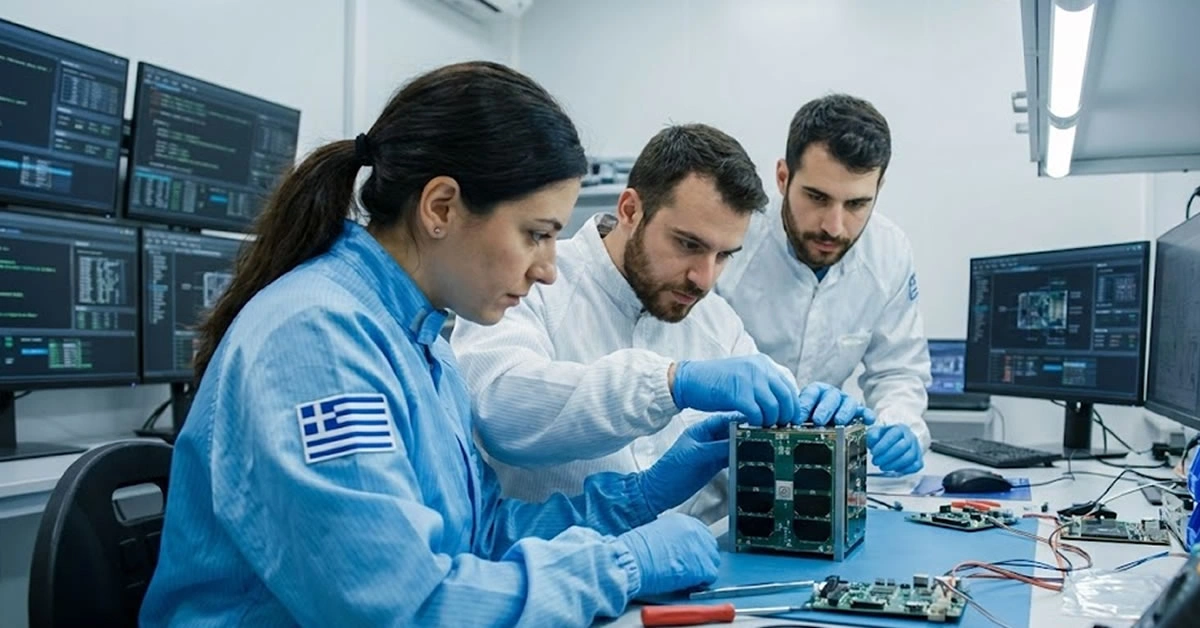 Έλληνες μηχανικοί σε εργαστήριο συναρμολογούν μικροδορυφόρο με την ελληνική σημαία στο μανίκι