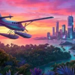 Ένα αεροπλάνο πετάει πάνω από μια νέα, αχαρτογράφητη περιοχή του Vice City με εξωτική βλάστηση και νέους ουρανοξύστες στο βάθος.
