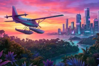 Ένα αεροπλάνο πετάει πάνω από μια νέα, αχαρτογράφητη περιοχή του Vice City με εξωτική βλάστηση και νέους ουρανοξύστες στο βάθος.