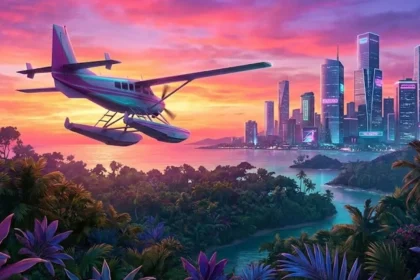 Ένα αεροπλάνο πετάει πάνω από μια νέα, αχαρτογράφητη περιοχή του Vice City με εξωτική βλάστηση και νέους ουρανοξύστες στο βάθος.