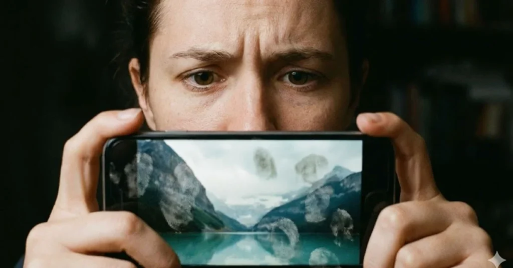 Κοντινό πλάνο σε ανήσυχο πρόσωπο που κοιτάζει οθόνη κινητού με θολά ψηφιακά αποτυπώματα πάνω σε μια φωτογραφία τοπίου.