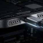 Κοντινό πλάνο στο ηχείο ενός iPhone 17 Pro που είναι συνδεδεμένο με καλώδιο φόρτισης σε σκοτεινό φόντο.