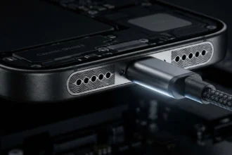 Κοντινό πλάνο στο ηχείο ενός iPhone 17 Pro που είναι συνδεδεμένο με καλώδιο φόρτισης σε σκοτεινό φόντο.