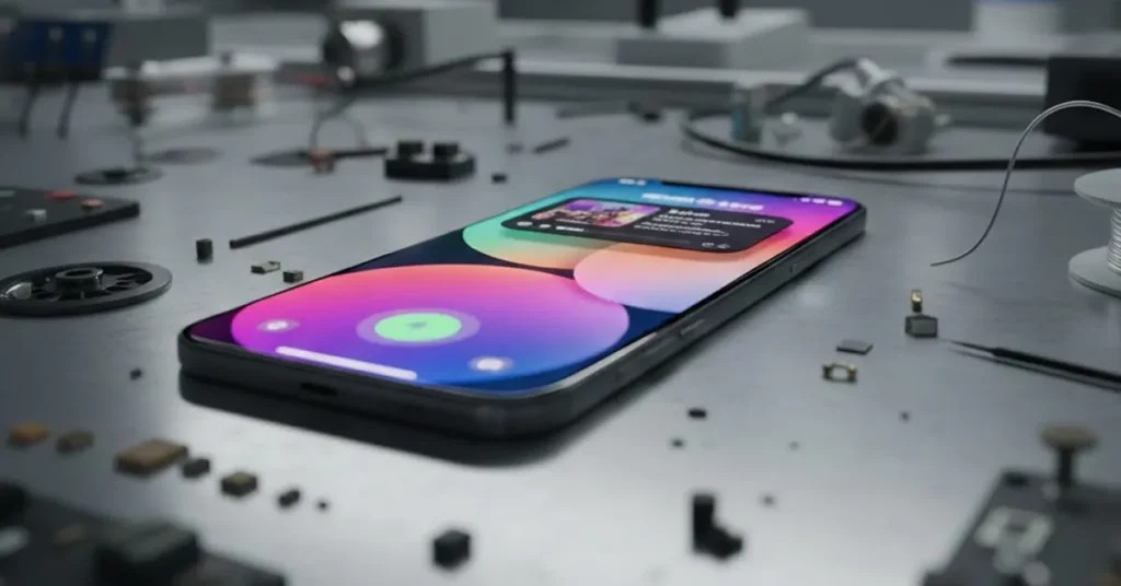 κοντινό πλάνο από το Dynamic Island σε μια συσκευή με έντονα χρώματα, τοποθετημένη πάνω σε έναν πάγκο εργασίας που υποδηλώνει τη γραμμή παραγωγής