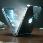 Concept εικόνα ενός αναδιπλούμενου iPhone μισάνοιχτου που φωτίζει ένα σκοτεινό δωμάτιο, με θολωμένα χαρτονομίσματα στο φόντο