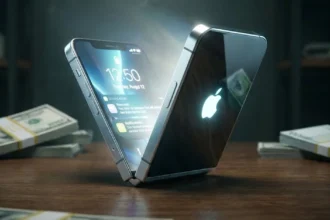 Concept εικόνα ενός αναδιπλούμενου iPhone μισάνοιχτου που φωτίζει ένα σκοτεινό δωμάτιο, με θολωμένα χαρτονομίσματα στο φόντο