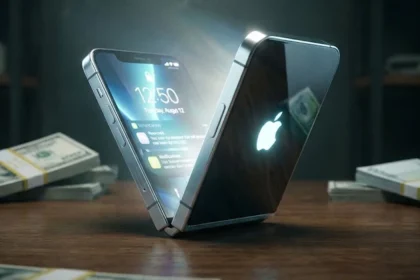 Concept εικόνα ενός αναδιπλούμενου iPhone μισάνοιχτου που φωτίζει ένα σκοτεινό δωμάτιο, με θολωμένα χαρτονομίσματα στο φόντο