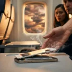 Ένα iPhone με εμφανώς φουσκωμένη μπαταρία ακουμπισμένο στο τραπεζάκι αεροπλάνου με θέα τα σύννεφα από το παράθυρο.