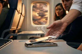 Ένα iPhone με εμφανώς φουσκωμένη μπαταρία ακουμπισμένο στο τραπεζάκι αεροπλάνου με θέα τα σύννεφα από το παράθυρο.