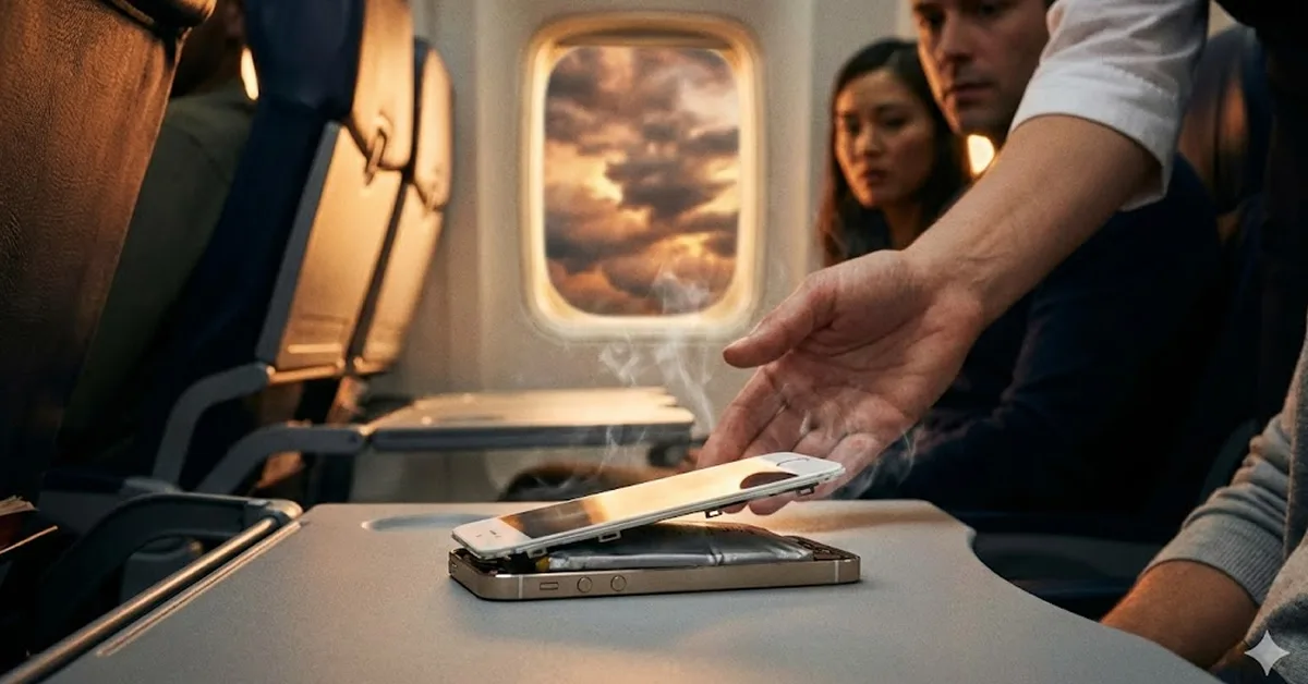 Ένα iPhone με εμφανώς φουσκωμένη μπαταρία ακουμπισμένο στο τραπεζάκι αεροπλάνου με θέα τα σύννεφα από το παράθυρο.