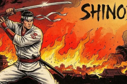 Ο Joe Musashi κρατώντας το ξίφος του σε στάση μάχης με φόντο έναν φλεγόμενο ορίζοντα και hand-drawn αισθητική