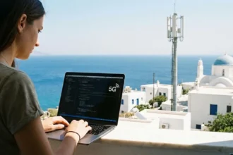 Developer πληκτρολογεί σε laptop με φόντο το Αιγαίο σε νησί με 5G κάλυψη